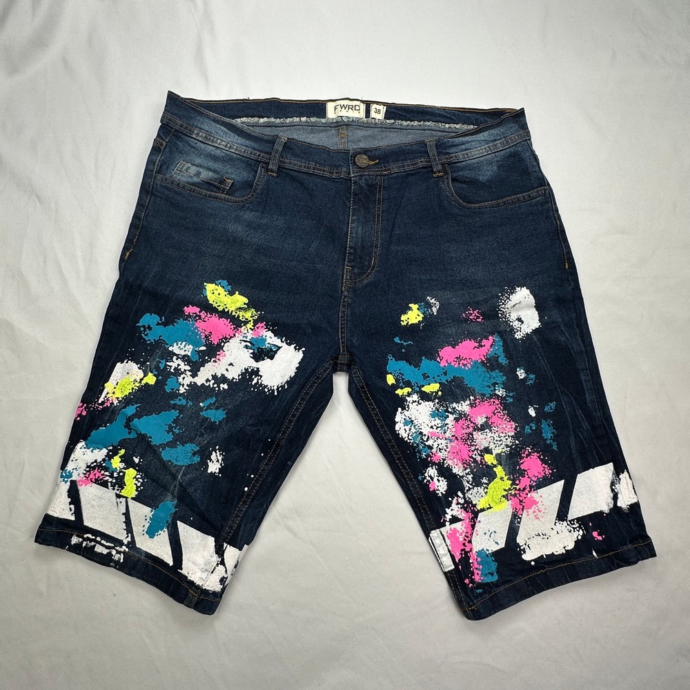 FWRD‎ Denim Paint Splatter Streetwear Graphic Blue Jean Shorts